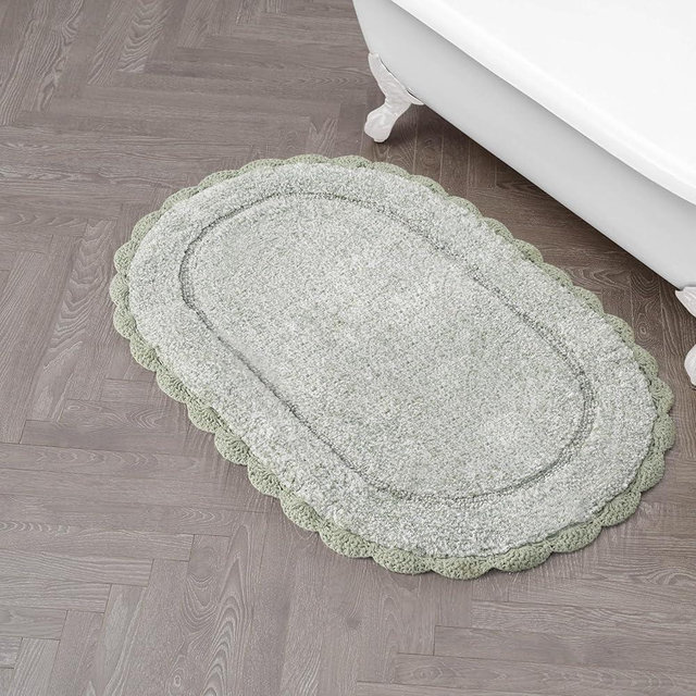 Laura Ashley Eloise 100% Cotton Oval Bath Mat with Crochet Border, Soft & Absorbent, Sea Foam 21" x 34" Bathroom Rug