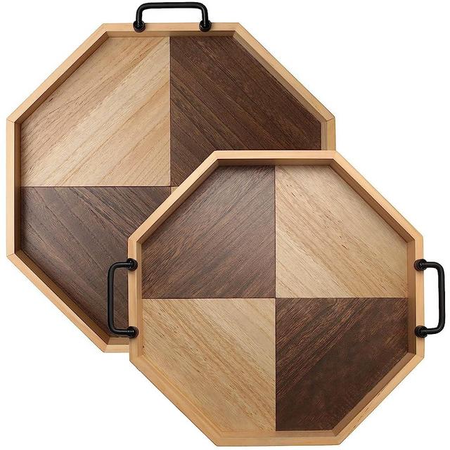Aurora Chase Wooden Serving Trays - Octagonal Shape Metal Handles Serving Trays Classic Style-Pine Wood Material - Set of 2 Serving Platters for Food & Decor…