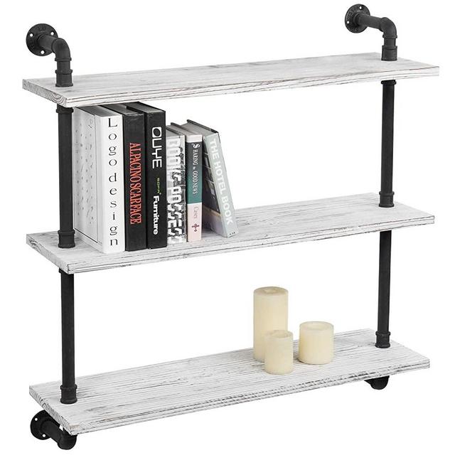 MyGift 3-Tier Wall Mounted Whitewashed Wood & Industrial Pipe Hanging Display Shelves for Living Room & Bedroom