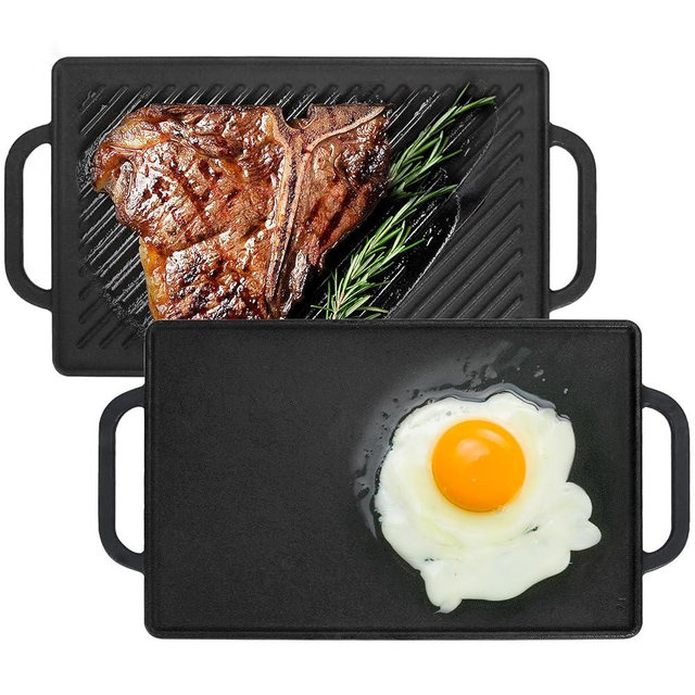 GasSaf Cast Iron Double Sided Griddle Stove Top Indoor Cooking, Reversible Grill Pan for Gas Grill Top Outdoor Camping, 13 x 8.25 Stovetop Griddle Pan, Double Burner Gas Stove Grill Flat Griddle Pan