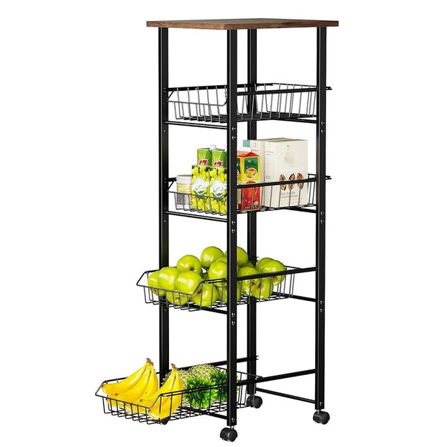 Delamu Fruit Vegetable Basket for Kitchen,5 Tier Kitchen Organizer and Storage Cart with Wheels,Slide-Out Baskets and Wood Top,Pantry Storage cart W11-4/5*D16-7/16*H42-7/16