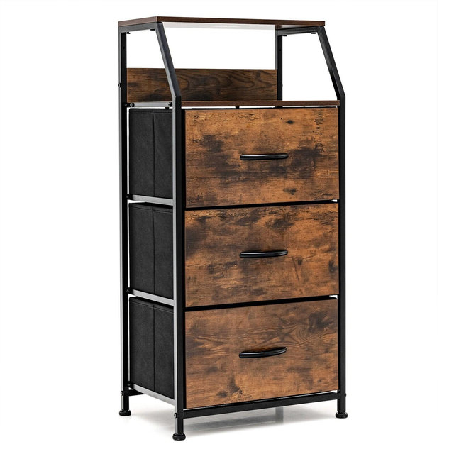 Costway 3 Drawer Dresser w/ Wood Top Sturdy Steel Frame Storage Organizer Dresser