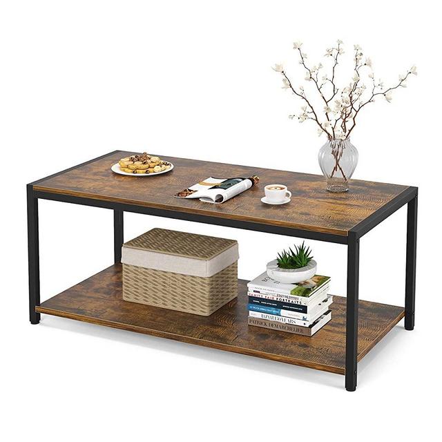 Coffee Table, 43" Industrial Coffee Table for Living Room, Retro Central Table with Shelf, Wooden Tabletop and Metal Frame Living Room Table, Cocktail Table Tea Table, Rustic Brown