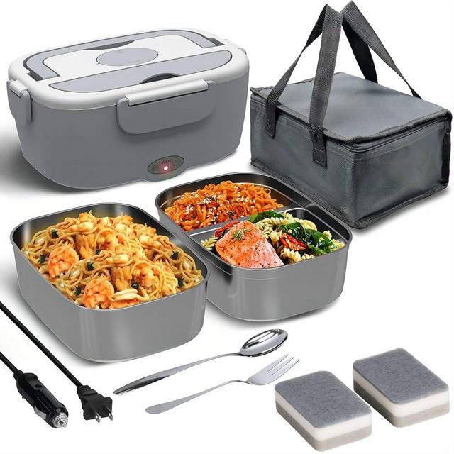 Sitlais Electric Lunch Box Food Heater for Work - 12V/24V/110-220V Food Warmer for Car Truck Outdoor with 2 Packs Stainless Steel Containers Potable Heating lunch Box for Adults Camping(grey)