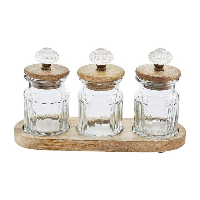 Mud Pie Knob Glass Condiment Set, canister 3 3/4" x 2 3/4" dia | caddy 3 3/4" x 10 1/4", Brown