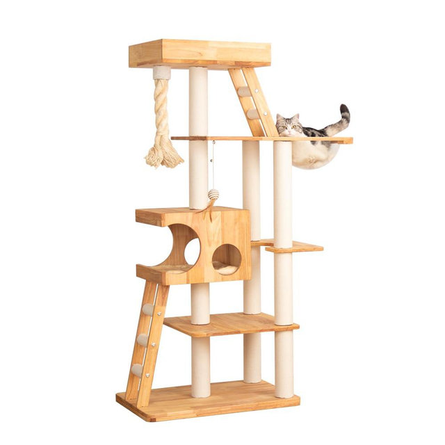 LULUCAT Modern Cat Tree for Large Cats, Solid Wood Cat Tower Heavy Duty with Scratch Post Stair Cat Condo Acrylic Bowl for Indoor Big Cats (Natural Wood SP160)