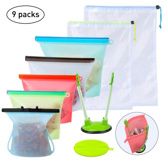 FGY Reusable Silicone Food Storage Bags (2xLarge 50oz+3xMedium 30oz+Bonus Bag Rack Holder)