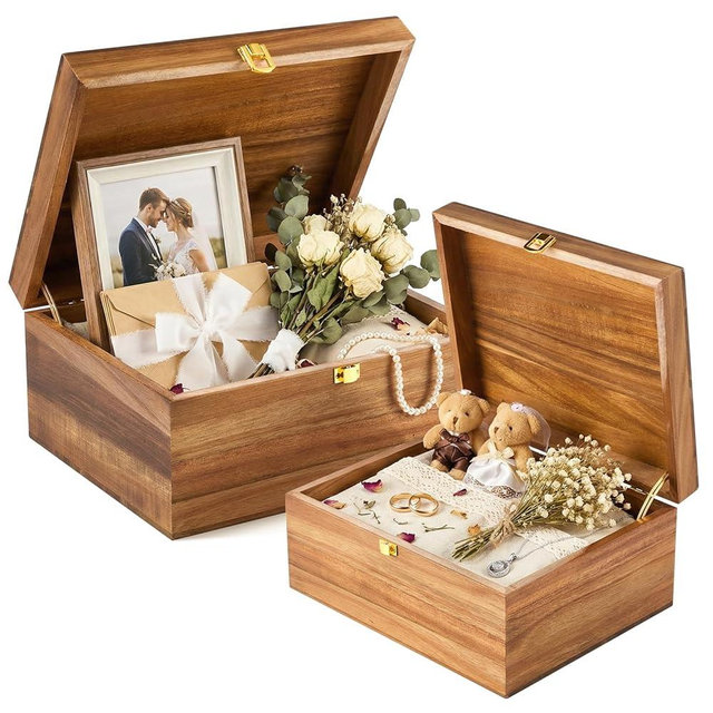 Vicenpal 2 Wooden Wedding Keepsake Boxes with Hinged Lid, Acacia Wood Memory Chest 11 x 8.7 x 5 & 6.9 x 5.2 x 3.5, Decorative Chest, Storage Gift Ideas for Engagement Newlywed, Natural Wood Color