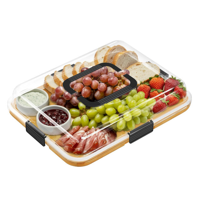 Charcuterie Board with Clear Lid, Bamboo Cheese Cutting Board with 1 Compartments, Picnic Serving Tray with Black Handles