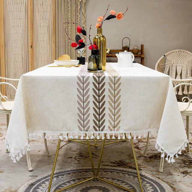 TEWENE Tablecloth, Farmhouse Table Cloth Cotton Linen Tablecloths Fall Tablecloth Wrinkle Free Rectangle Tablecloth for Kitchen, Dining, Outdoor Table(55''x86''/6-8 Seats/Ivory Color)