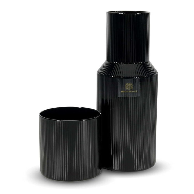 Bruno Magli Ribbed Carafe | 2-Pc Set | Drinking Glass Tumbler Doubles as a Lid | Elegant Nightstand Water Pitcher with Matching Cup for Office, Home, & Guest Room Décor | Gift Boxed (Black)