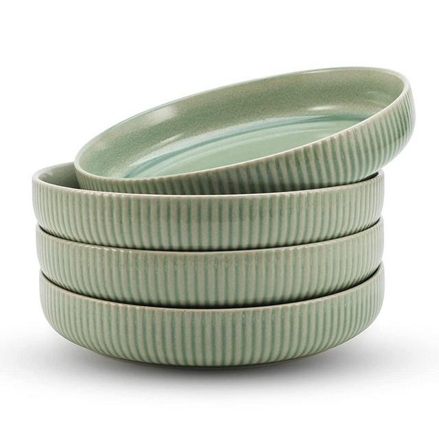 American Atelier Large Pasta Bowls Set of 4-40 oz, Microwave and Dishwasher Safe, Wide Shallow Stoneware Salad Bowl Set, Plates for Serving Dinner, Kitchen, and Eating (Sage Green)