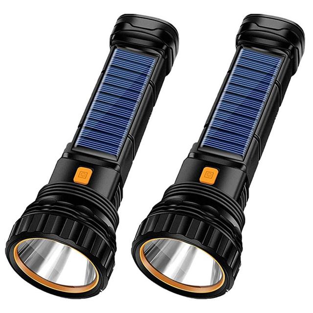 E-SHIDAI 2pcs Solar/Rechargeable Multi Function 1000 Lumens LED Flashlight, with Emergency Strobe Light and 1200 Mah Battery, Emergency Power Supply and USB Charging Cable, Fast Charging (2PC)