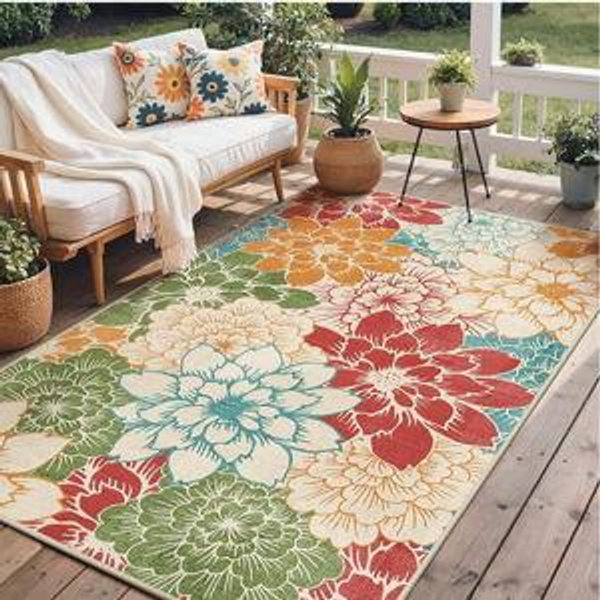 GENIMO Indoor Outdoor Area Rug 5'x8', Machine Washable Rugs for Patio, Waterproof, Non-Slip Easy Cleaning Floral Outdoor Mat Carpet for Living Room, Bedroom, RV, Balcony, Deck, Camping, Red