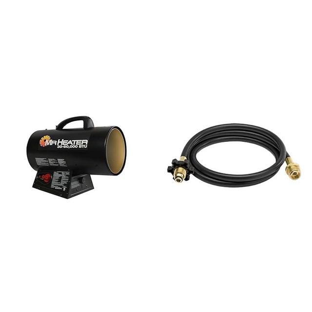 Mr. Heater MH60QFAV 60,000 BTU Portable Propane Forced Air Heater, 19.75 x 11.50 inches, black & Buddy Series Hose Assembly - 10-ft., Model# F273704