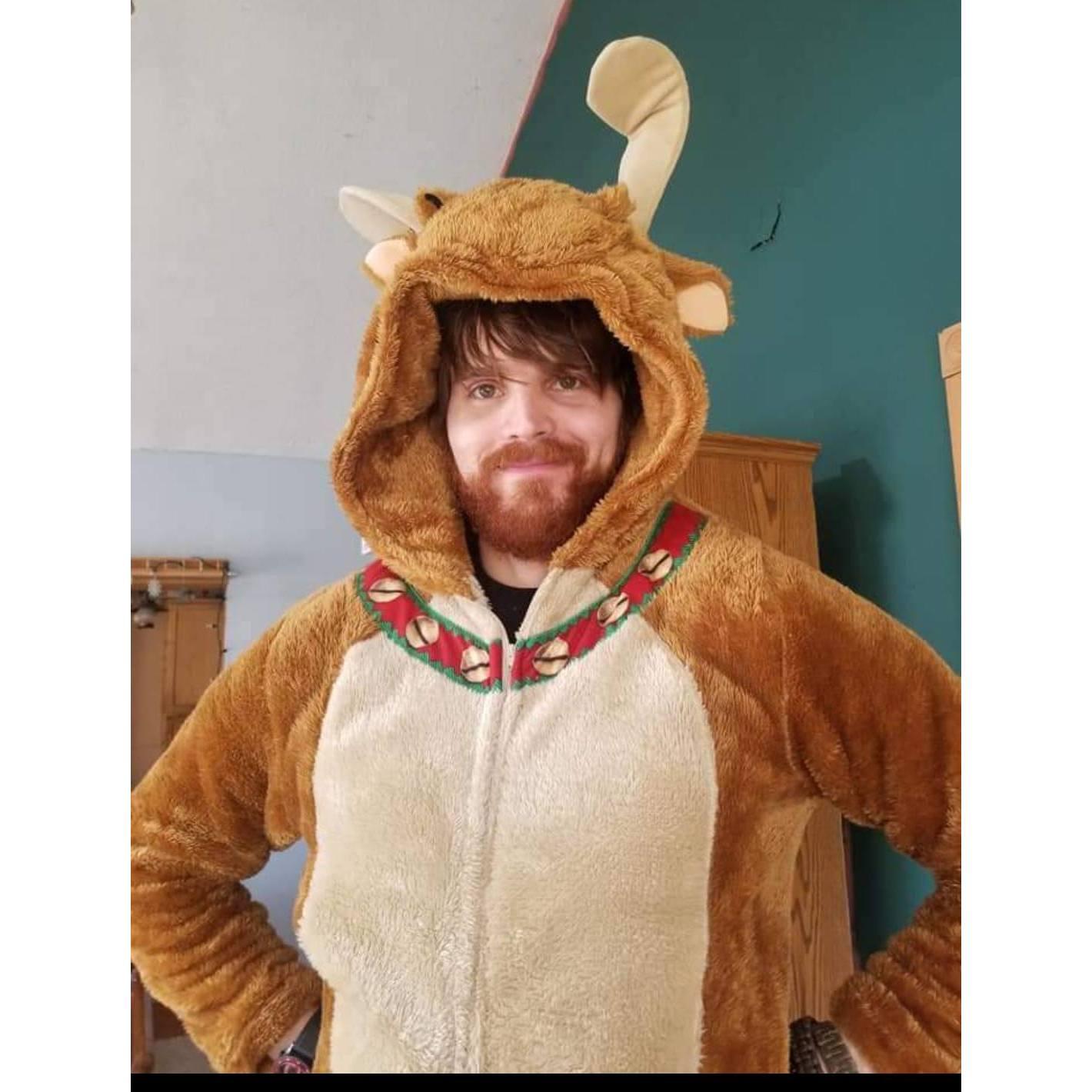 our first christmas together, he showed up in a moose costume