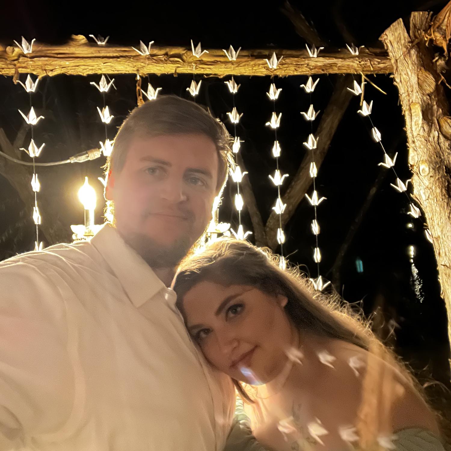 I was obsessed with these crane lights hung at my maid of honor’s wedding. Andrew suggested we get a selfie (to maybe steal the idea.) Cute photo either way. 👩❤️👨
