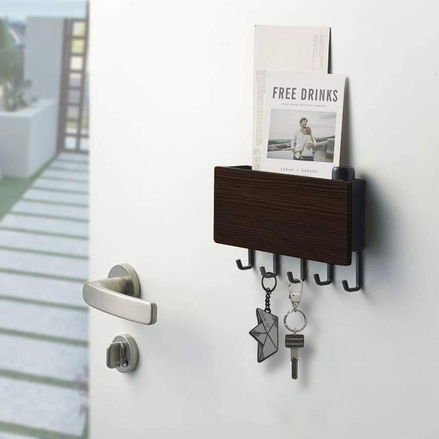 Key Holder for Wall Entryway Mail Holder for Wall Adhesive Key Rack for Wall with 5 Key Hook Wall Key Holder Key Hanger for Wall Mail Organizer Wall Mount for Entryway, Mudroom, Hallway - Brown