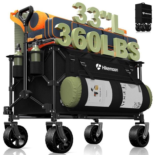 Hikemoon 150L Collapsible Wagons Carts Foldable, 360LBS Heavy Duty Folding Beach Cart with Big All-Terrain Wheels, Portable Utility Wagon for Grocery, Shopping, Garden, Sports, Camping, Black