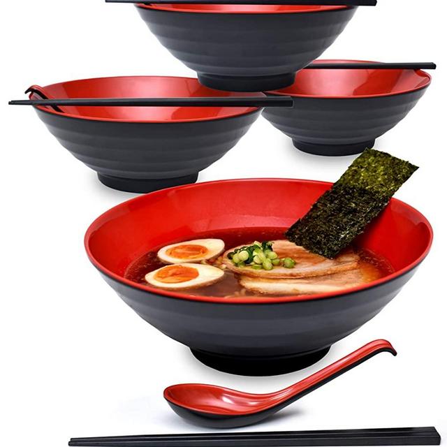 4 Sets 51 Ounce Large Japanese Ramen Noodle Soup Bowl Melamine Hard Plastic Dishware Ramen Bowl Set with Matching Spoon and Chopsticks for Udon Soba Pho Asian Noodles (4, Red, 8.6 inches)