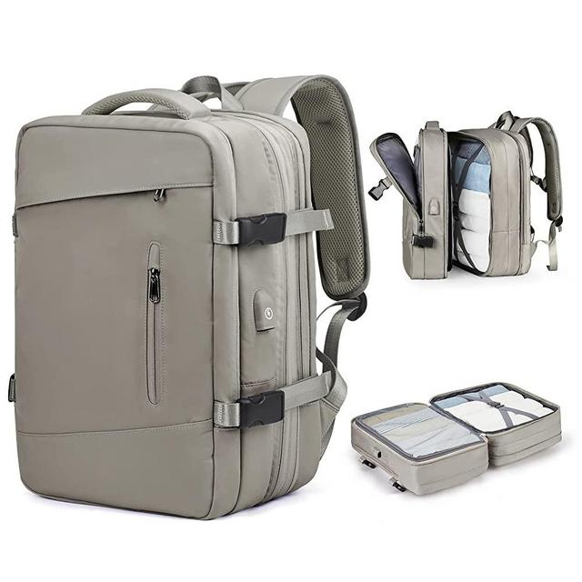 Large Travel Backpack for Women,Carry On Backpack,Expandable Airline Airplane Approved Weekender Backpack,Hiking Backpack,Laptop Backpack with USB Charging Port,Waterproof 40L Backpack Bag, Grey Brown