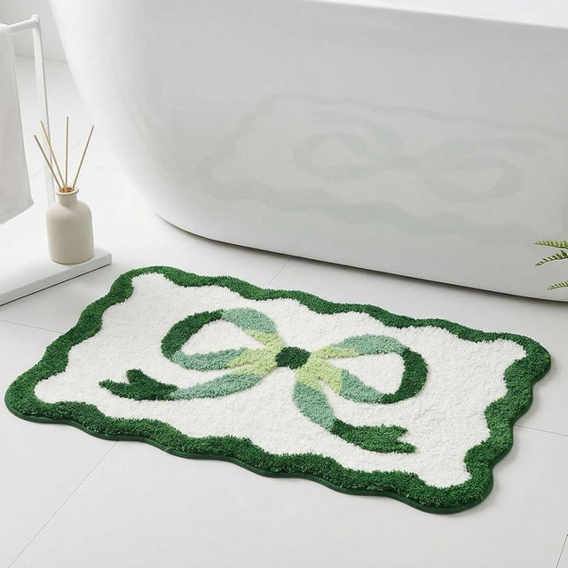 Dylrauoza Sage Green Bow Bath Mat, 20'' x 32'' Scalloped Bath Rug for Bathroom, Cute Green Bathroom Rug, Non Slip Absorbent Washable Microfiber Mat, Aesthetic Olive Green Bath Mat for Tub