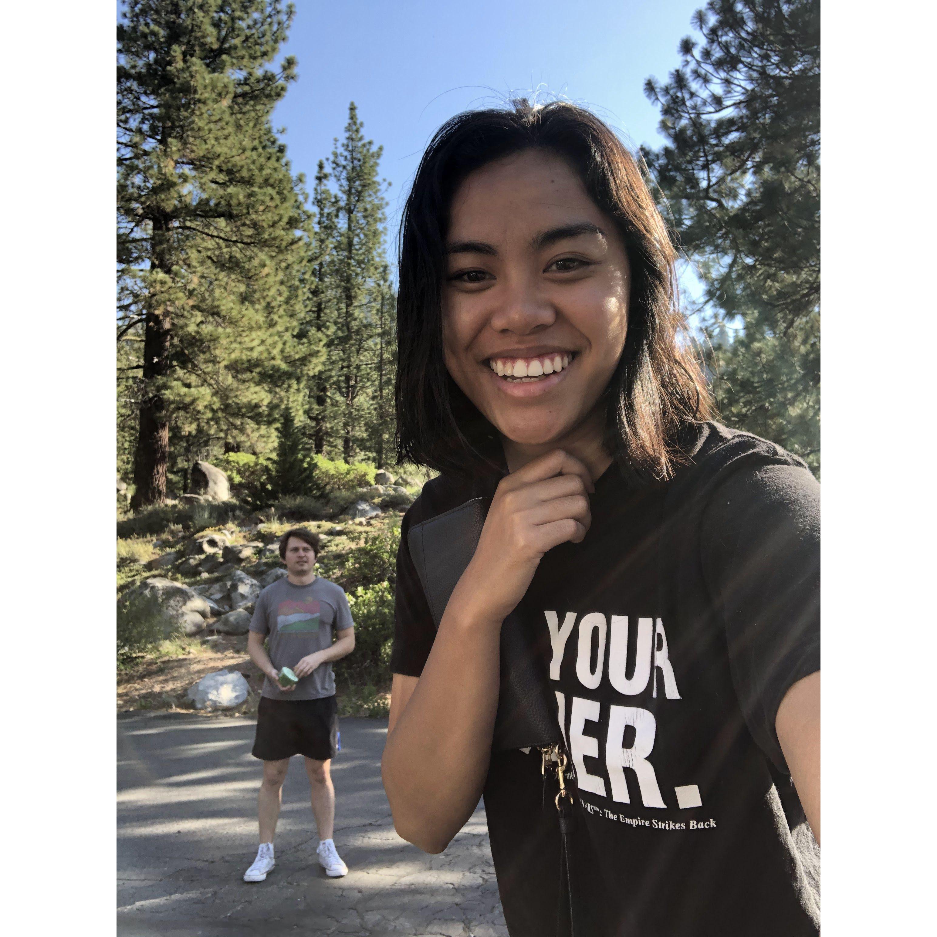 In Tahoe laughing about how small Elliott's normally very large head is