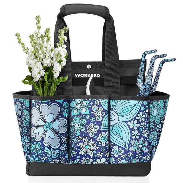 WORKPRO Garden Tool Bag, 9 Pockets Gardening Bag, Heavy Duty Oxford Garden Tote Caddy (Tools NOT Included), 12" x 12" x 6" (Floral Blue)