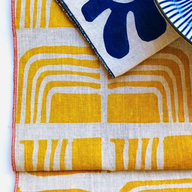 Linen Placemats, Retro design, mustard yellow, hand printed