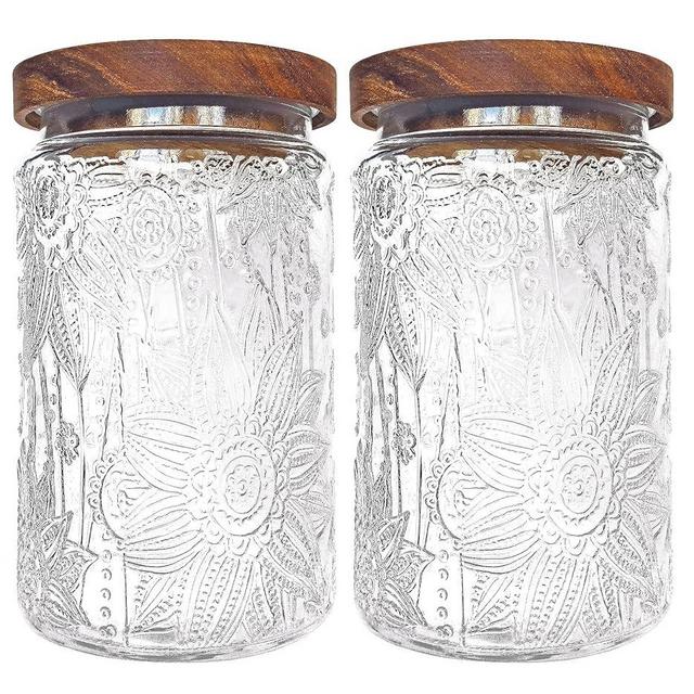 LODIKE 35oz/1000ml Glass Storage Jars with Nature Wood Lids, Airtight Food Storage Containers for Kitchen Organization, Large Capacity for Cookie, Pasta, Sugar, Flour, Cereal - Set of 2 （sunflower）