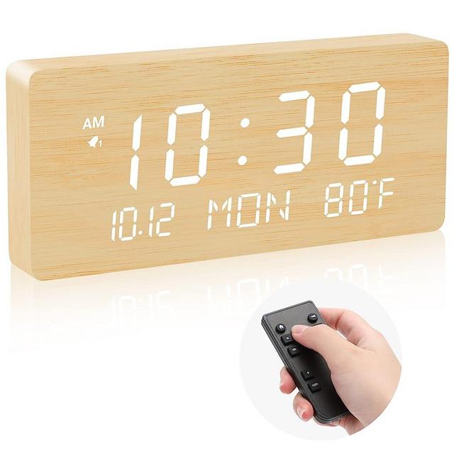 Andoolex Wooden Digital Wall Clock with Remote Control, 5 Levels Adjustable Brightness, Clear LED Display with Date/Week, 12/24Hr, Indoor Temperature Alarm Clock for Home/Office/Warehouse (Bamboo)