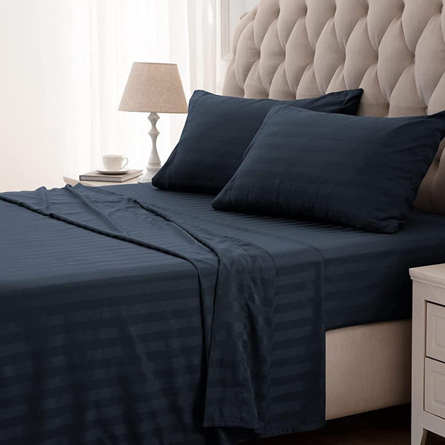 SLEEP ZONE Striped Cooling Queen Sheets Set 4 Piece - Super Soft Fitted Flat Sheet & Pillowcase Sets - Easy Care, Wrinkle Free, Fade Resistant, Deep Pocket 16" (Navy Blue, Queen)