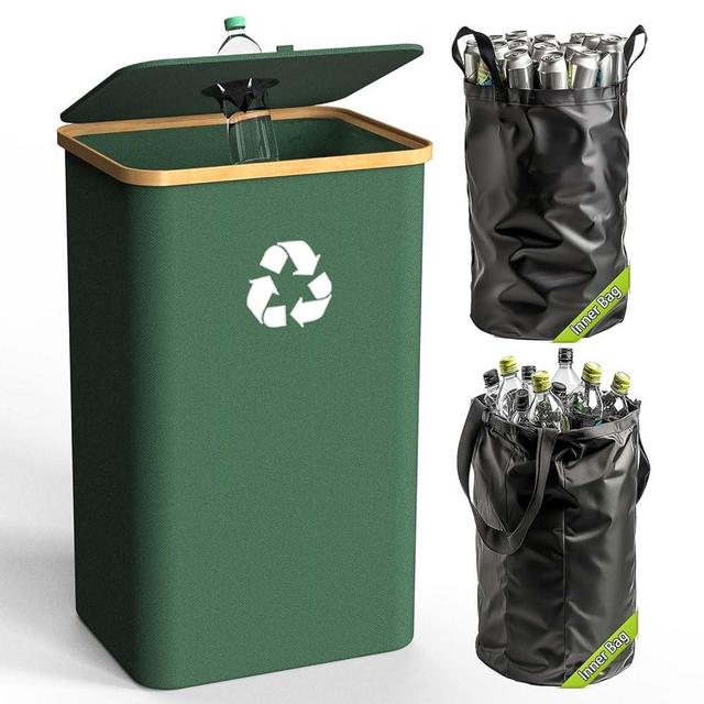 Pakusane Recycling Bin for Kitchen Indoor Home, Large 100L/ 26 Gallon Recycle Bin with Lid Removeable Reusable Inner Bag Bottle Can Glass Waste Plastice Stickers (Green, 26 Gallon)