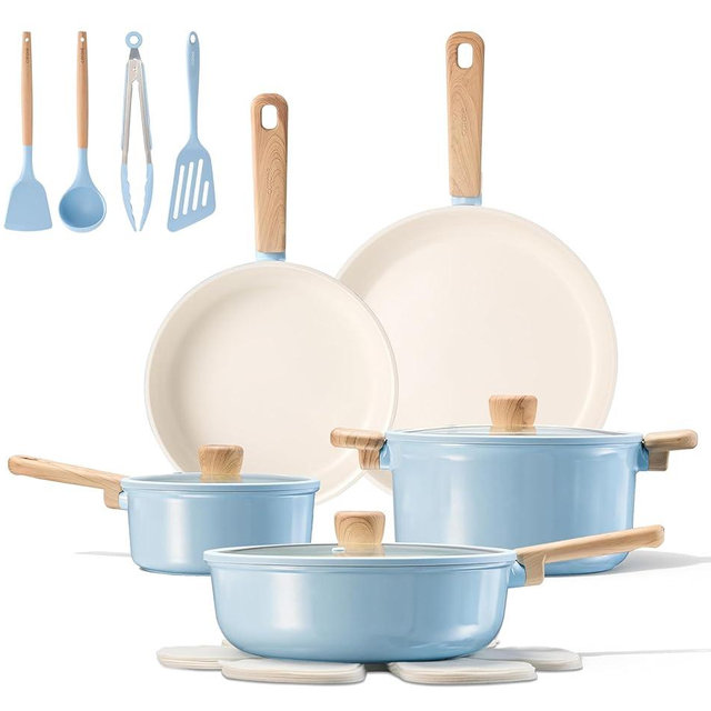 CAROTE 16pcs Ceramic Cookware Set, Pots and Pans Non Stick Kitchen Cookware Sets, Pots and Pans Set Cooking Set with Knife Set
