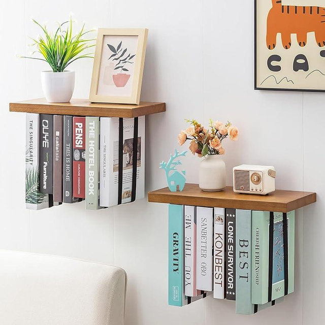 Baffect Floating Book Shelves for Wall, Unique Wall Mounted Bookshelf with Adjustable Strap, Space Saving Hanging Bookshelf for Book Lovers (Set of 2, Wooden)