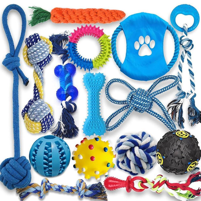 Beiker Dog Teething Chew Toys - 15 Pack Tough Small Medium Large Breed Puppy Toys, Dogs Rope Chew Toys Bundle for Boredom, Pet Interactive Squeaky Treat Dispensing Ball for Puppies