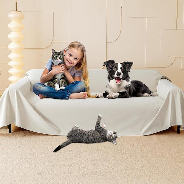Cat Scratch Furniture Protector - Anti-Slip, Waterproof Sofa Cover to Keep Cats Off, Pet-Friendly Couch Protectors for 3 Cushion Couch, Beige Anti-Scratch Couch Cover for Pets and Kids 150"X71"