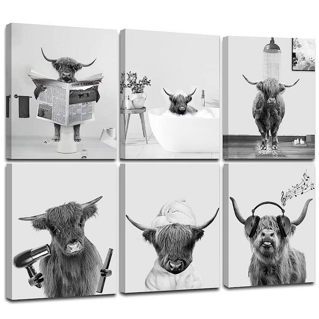 WALTSOM FRAMED Funny Highland Cow Wall Art in Bathroom, Black and White Highland Cow Pictures Bathroom Decor, Farmhouse Style Funny Cow Canvas Prints Wall Decor in Bathtub for Living Room Bathroom Bedroom Kids Bathroom Decor (Ready to Hang, Set of 6, 8X10in, Framed)