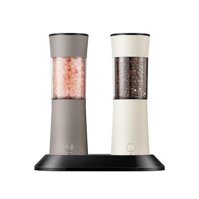 Gravity Electric Salt and Pepper Grinder Set – Rechargeable Pepper Mill with USB-C Charging Base, Dual LED Light, Automatic One-Handed Mill for Kitchen & Cooking, Cream Brown Design, 2 Pack