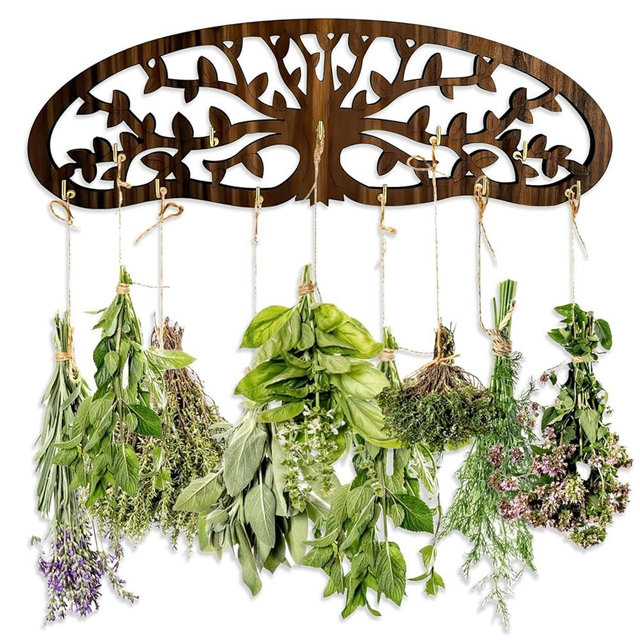 MOASIOP Herb Drying Rack - Wall Mounted Tree Design Holds 11 Bouquets, Space Saving Kitchen Herb & Flower Dryer, Rustic Wooden Hanging Decor for Gardeners, Crafters (dark brown)