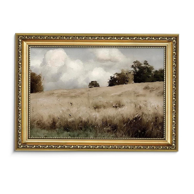 AIMAILON Gold Rustic Wall Art Flowers for Farmhouse, Retro Sky Countryside Village Wall Art Prints for Farmer, Vintage Framed Artwork Aesthetics Wall Prints Art Work 16x24