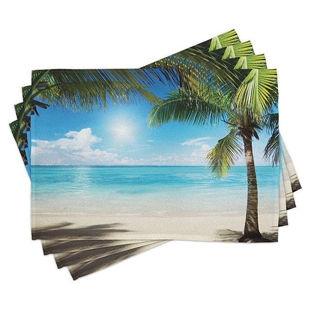 Ambesonne Tropical Beach Place Mats Set of 4, Coconut Palm Trees Shadows on Caribbean Shore Summer Plants Idyllic, Washable Fabric Placemats for Dining Room Kitchen Table Decor, Coconut Green