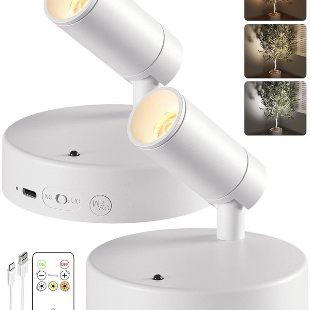 EZVALO Spot Lights Indoor,5500mAh Rechargeable Plants Spotlights with Remote,Wireless Mini Art Accent Spot Lights with Timer＆Dimmable, 3CCT, Uplights Indoor for Plants,Display,Artwork(2Pack-White)