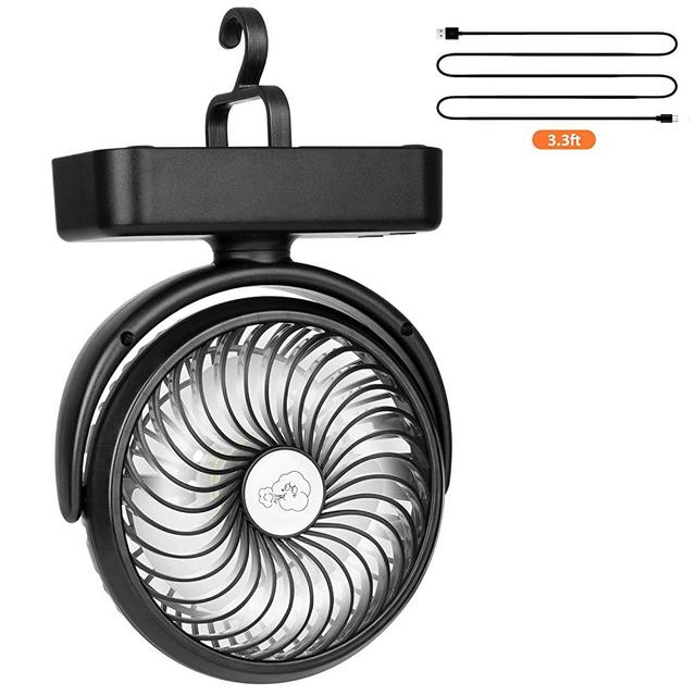 5000mAh Battery Camping Fan with LED Lights-40 Working Hours Max Tent Fan Light with Hanging Hook-Rechargeable Battery Operated USB Desk Fan for Tent Car RV Hurricane Emergency Outages