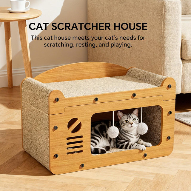 AEELLEEA 2-in-1 Cat Scratcher House with Cozy Bed & Cave, Wooden Scratch Board, Hanging Toy Ball, Durable Hideaway for Cats & Kittens