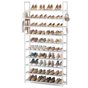 VTRIN 10 Tiers Shoe Rack Tall Large Capacity 50 Pairs Wide Shoe Organizer Sturdy Shoe Shelf for Entryway with Two Hooks Metal Shoe Storage for Closet, Bedroom, White, XJ-113