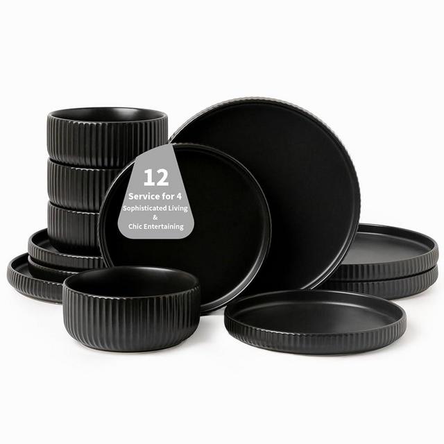 FOBENTA Plates and Bowls Sets for 4, 12 Piece Modern Stoneware Dinnerware Set, Reactive Glaze Dishes for Stylish Homes, Microwave & Dishwasher Safe, Perfect for Elegant Dining & Chic Entertaining