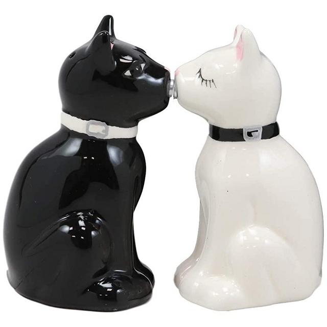 Ebros Gift Ceramic Black And White Kitty Cats Couple Salt And Pepper Shakers Spicy Love Magnetic Kissing Feline Kittens Figurine Set 3.75"Tall Kitchen Counter And Dining Table Decorative Collectibles