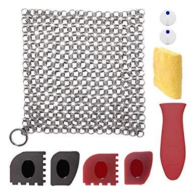 LIVEHITOP Cast Iron Scraper Cooking Set XL (9-in-One) 7x7 Stainless Steel Cast Iron Kit Pan Scraper Plastic Set Tool and Silicone Hot Handle Holder for Kitchen