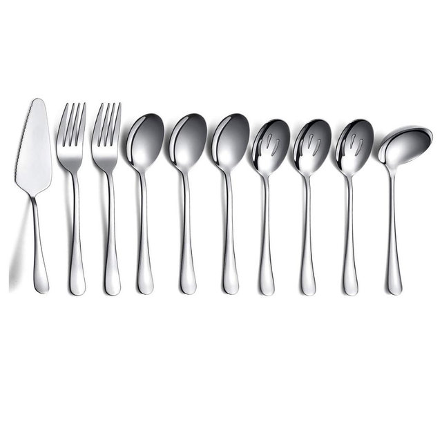 10-Piece Serving Flatware Silverware Set,Stainless Steel Serving Utensil Set,Include Slotted Serving Spoon, Serving Spoon, Cake Server, Serving Fork, Soup Ladle (Silver)